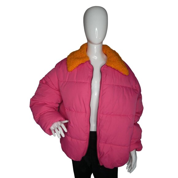 Urban Outfitters Women's Duckie Faux Shearling Collar Puffer Pink Jacket Size LG - Picture 2 of 8